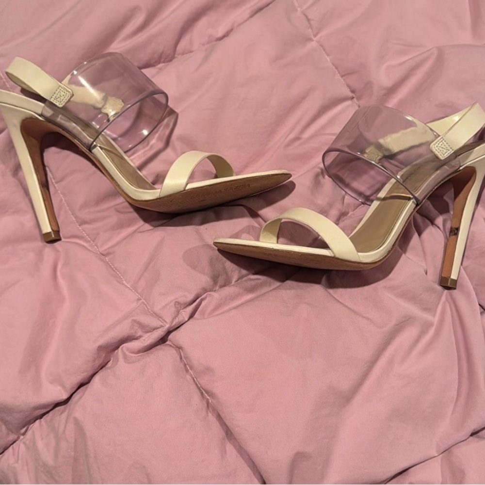 BCBGMaxAzria Clear and Cream PVC Strap High Heel Sandals